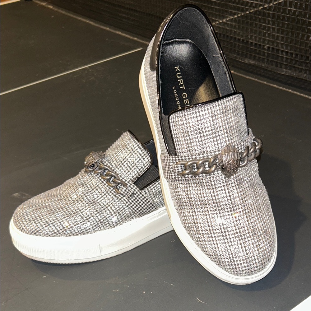 Kurt Geiger Silver Tweed Chain-Accent Slip-On Sneakers
